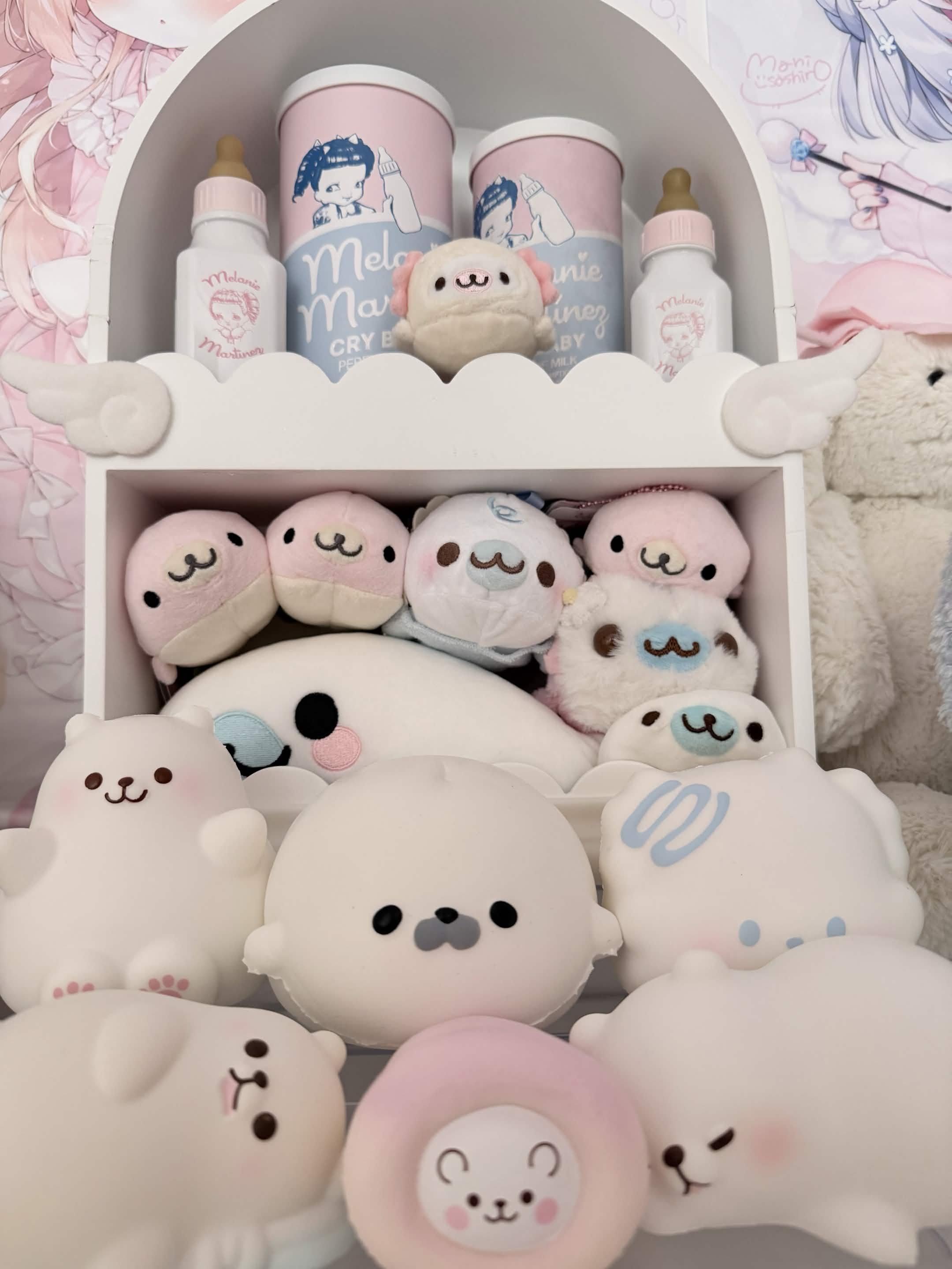 A close-up of collectible plushies
